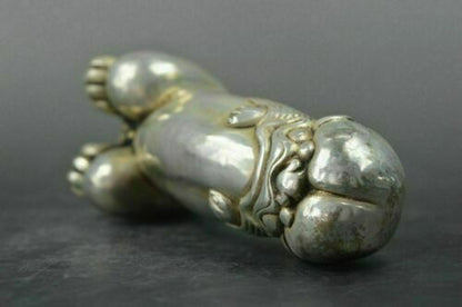 Chinese Tibet Silver Carved Guard Foo Dogs Lion Male Statues