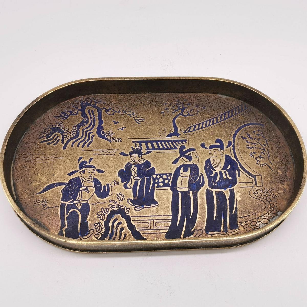 22cm China Ancient Brass Painting People Gathering Pattern Tea Board Tea Tray