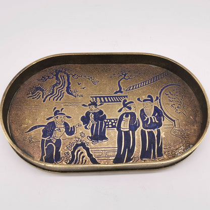 22cm China Ancient Brass Painting People Gathering Pattern Tea Board Tea Tray
