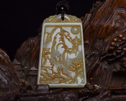 Chinese Natural Hetian Jade Carving Landscape Statue Exquisite Pendant Jewelry