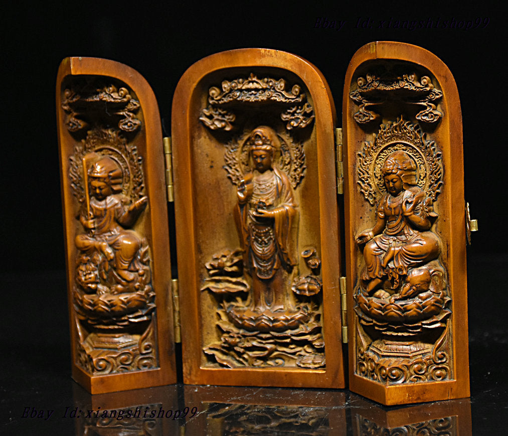 Chinese Boxwood Wood GuanYin Manjushri Samantabhadra 3 goddess buddha statue box