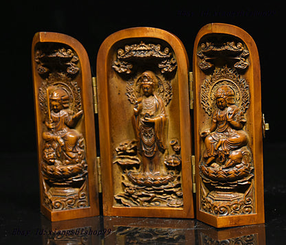 Chinese Boxwood Wood GuanYin Manjushri Samantabhadra 3 goddess buddha statue box