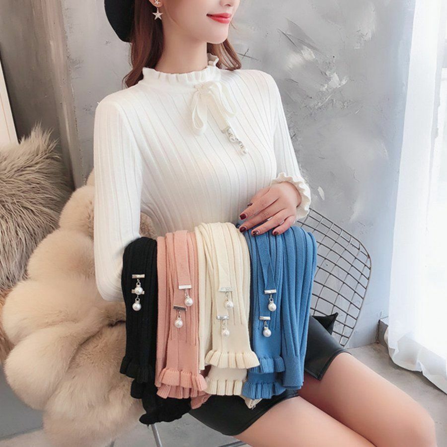 Women Sweater Knitted Long Sleeve Knitwear Elastic Basic Korean Style Pullover