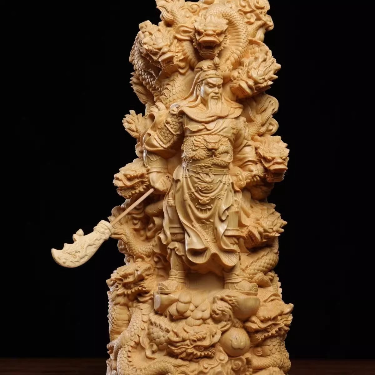 8" Chinese Cypress Wood Carved Guan Yu Guan Gong Warrior Dragon Statue Figurine