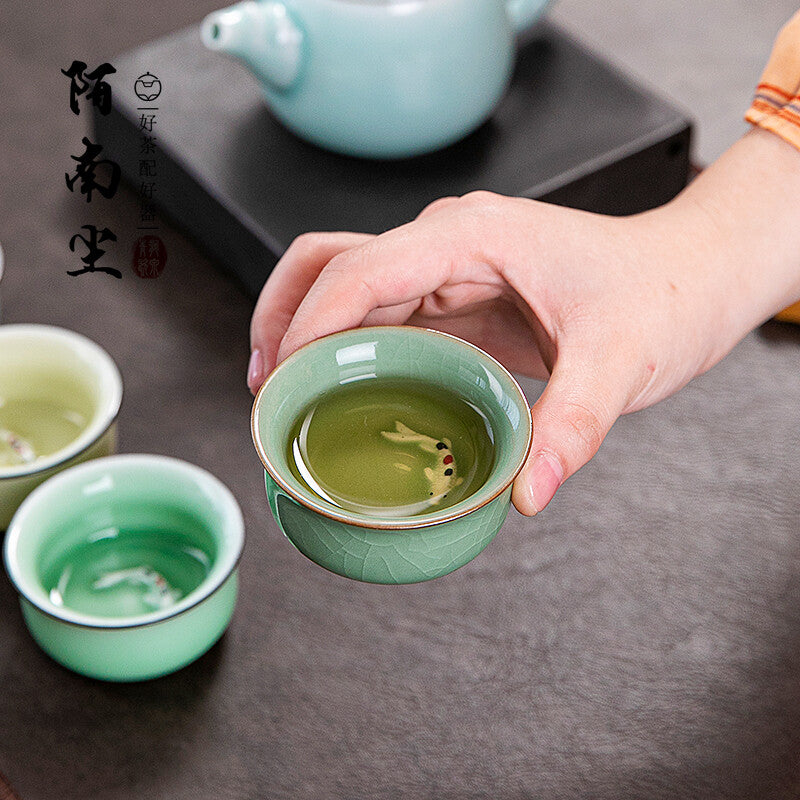 Single Teacup Fish Relief China Longquan Celadon Porcelain Cup Of Tea Master Cup