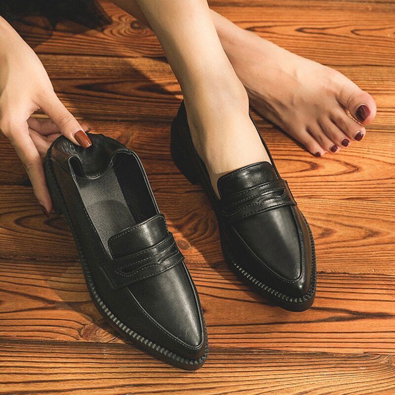 Leather Shoes Women Flats Slip on Loafers Brogue Shoes Thick Heel Oxfords