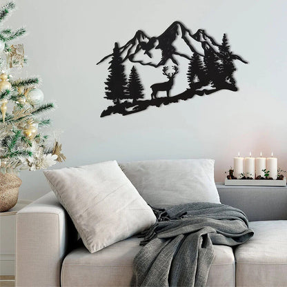 1pc Modern Black Deer & Tree Metal Wall Decor - Animal Mountain Plaque Signs