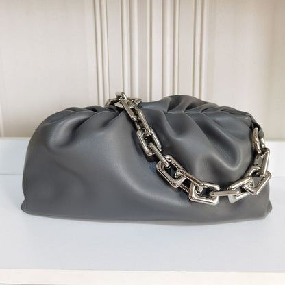 Genuine Cow Leather Handbag Thick Thin Chain Cloud Dumplings Clutch Shoulder Bag