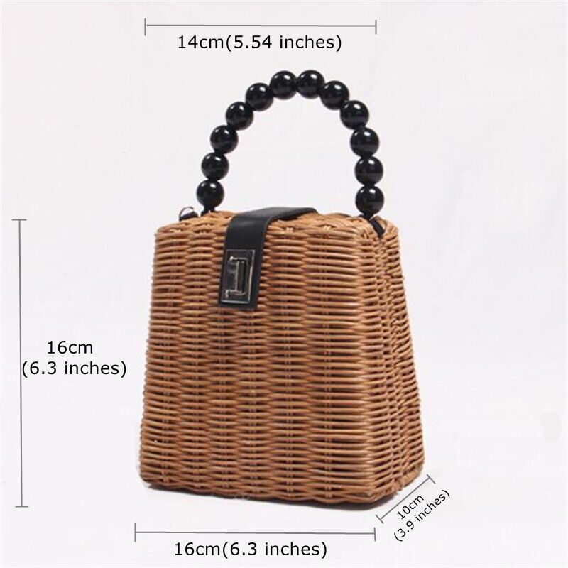 Summer New Straw Rattan Bag for Women Beaded Handle Seaside Beach Crossbody Bag