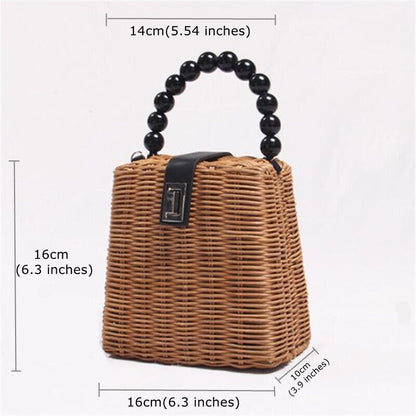 Summer New Straw Rattan Bag for Women Beaded Handle Seaside Beach Crossbody Bag