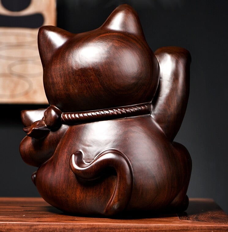 Solid Chinese Ebony Wood Statue Lucky Money Cat Feng Shui Amulet Decor