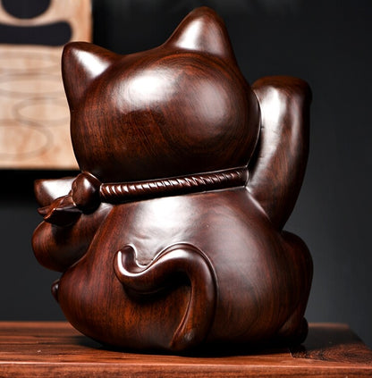 Solid Chinese Ebony Wood Statue Lucky Money Cat Feng Shui Amulet Decor