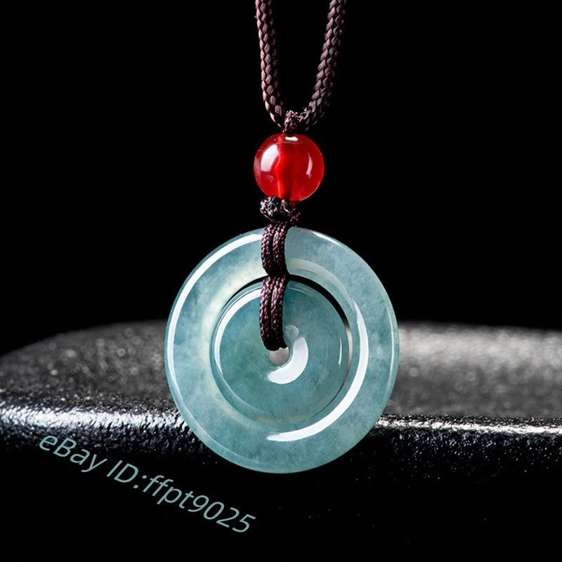 Grade A Natural Blue Jade Jadeite Men Women Lucky Circle Peace Pendant Gift