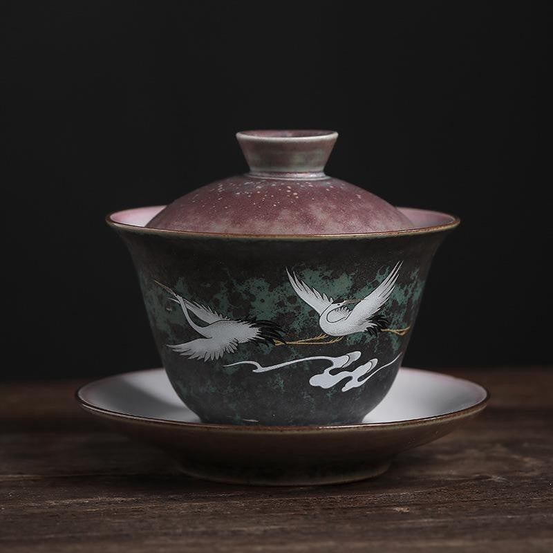 Kiln Changed Crane Pattern Gaiwan 11.8x9.5cm 200ml Ceramic Tea Cup Set