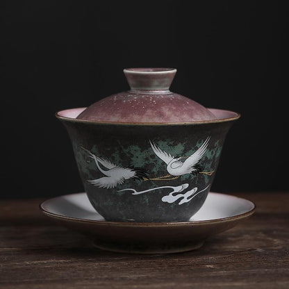 Kiln Changed Crane Pattern Gaiwan 11.8x9.5cm 200ml Ceramic Tea Cup Set