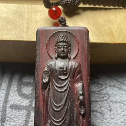 Red Sandalwood Sakyamuni Pendant 0.98×2.36in Peace Plaque Handmade Carving