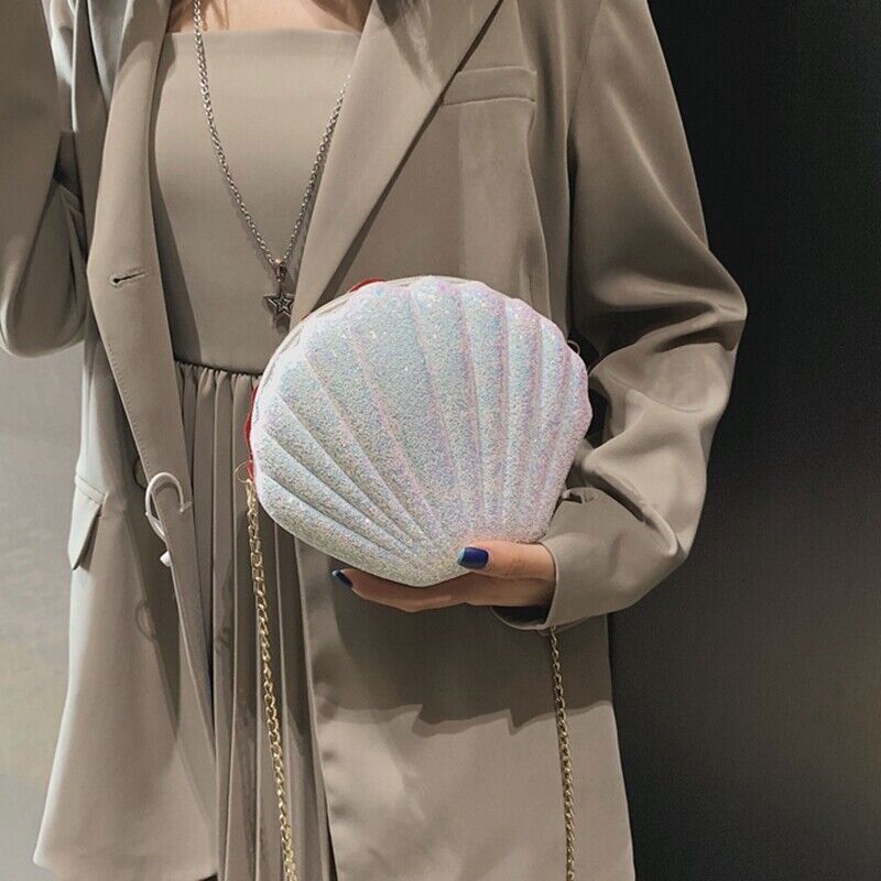 Women Girls Little Mermaid Seashell Purse -Body Shoulder Bags Sequins Chain Puf