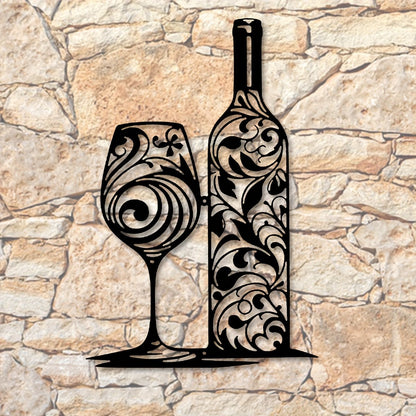 Metal Wine Bottle Wall Art Black Swirl Iron Sculpture Kitchen Home Decor