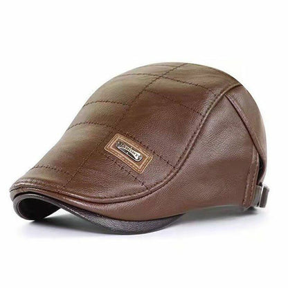 Winter Leather Cap Hat Warm Vintage Flat Casual Patchwork Beret Hiking Male