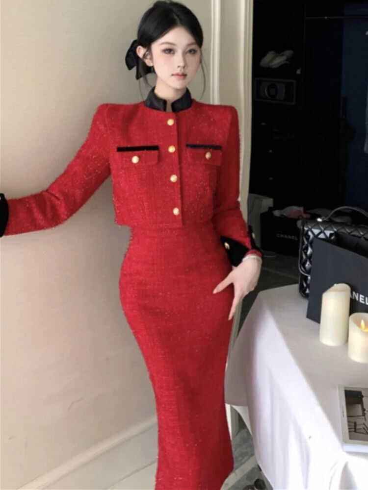 Two Piece Set Women Skirt 2023 Autumn Tweed Jacket Midi Pencil Skirt