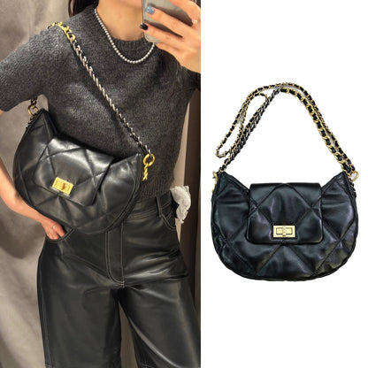 Quilted Lambskin Leather Hobo Purse Shoulder Bag Tote Handbag w/ Chains Fashion