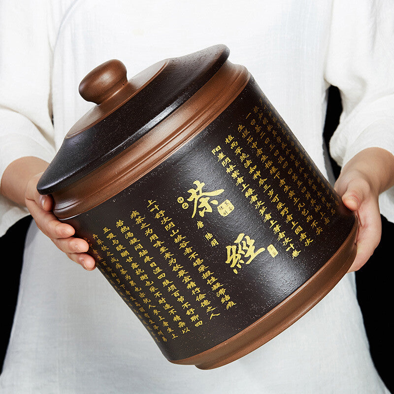 12" Black Yixing Zisha Pottery Handmade Words Hanzi Caddy Tea Jar Pot Container