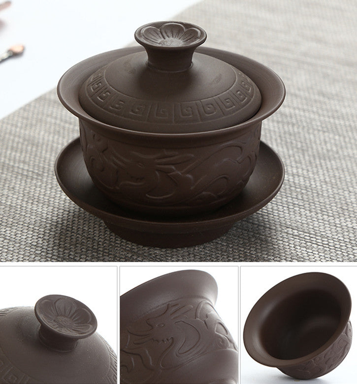 Multi-pattern Yixing Zisha Gaiwan Chinese Purple Clay Tea Bowl Cup Saucer Lid