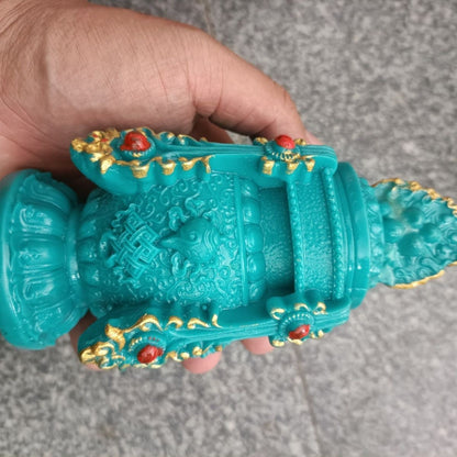 Tibetan Turquoise Treasure Vase Eight Auspicious Desk Statue Altar Decor