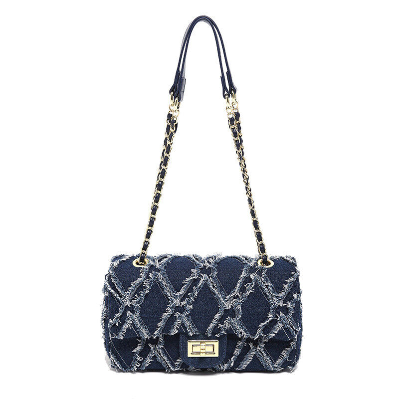 Denim Fringe Small Flap Bag Shoulder Purse Handbag w/ Chains Fashion Clutch