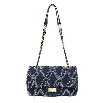 Denim Fringe Small Flap Bag Shoulder Purse Handbag w/ Chains Fashion Clutch