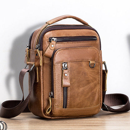 100% Genuine Leather Men's Sling Shoulder/Messenger Bag Double Zipper 8" Handbag