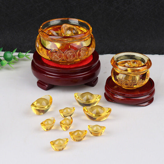 Feng Shui Chinese Crystal Gold Ingots Wealth Treasure Bowl Statue Decoration