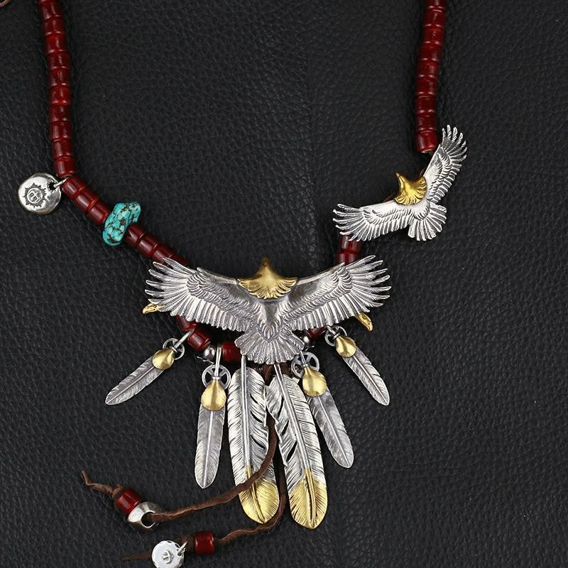 Vintage Eagle Feather Necklace Handmade Turquoise Red Bead Tribal Pendant