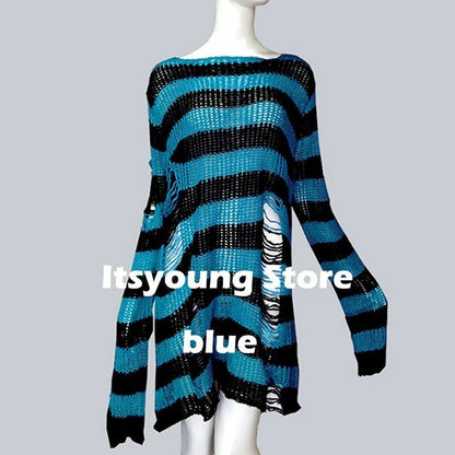 Unisex Sweater Plus Size Punk Long Dress Hollow Hole Broken Jumper Loose Thin