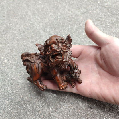 Chinese Wooden Animal Figurines Son Lion Statue Wood Carved Home Decor Sculpture