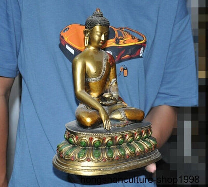 11" Tibetan Temple Bronze Gilt Silver Painted Sakyamuni Medicine Buddha Statue
