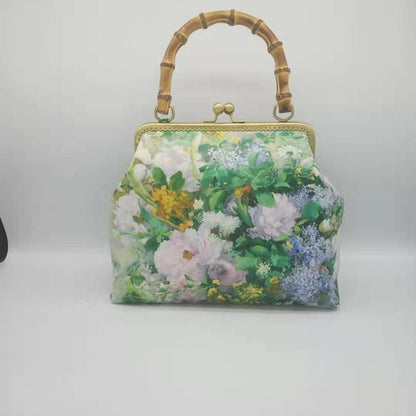 Lock Shell Bags Wood Vintage Flowers Chain Shoulder Crossbody Bag Tote Handbag