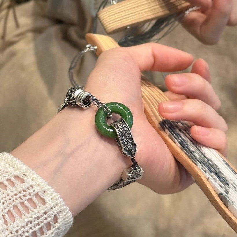 Vintage Chinese Jade Bracelet Retro Silver Tassel Beaded Bracelet for Women
