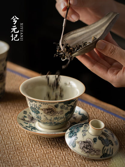 Ruyao Ceramics Gaiwan Tea Set 150ml 5.1oz Beige Pattern Kungfu Tea Set