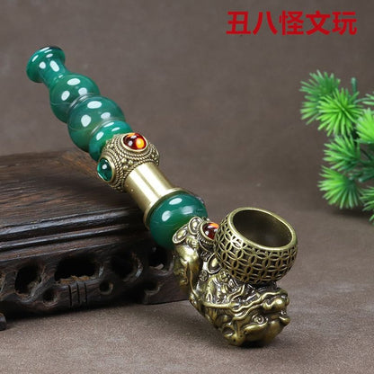 Vintage Brass Pixiu Dragon Pipe Agate Mouthpiece Handmade 14cm