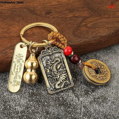 Chinese Style Zodiac Brass Gourd Five Emperors Money Keychain Metal Fengshui