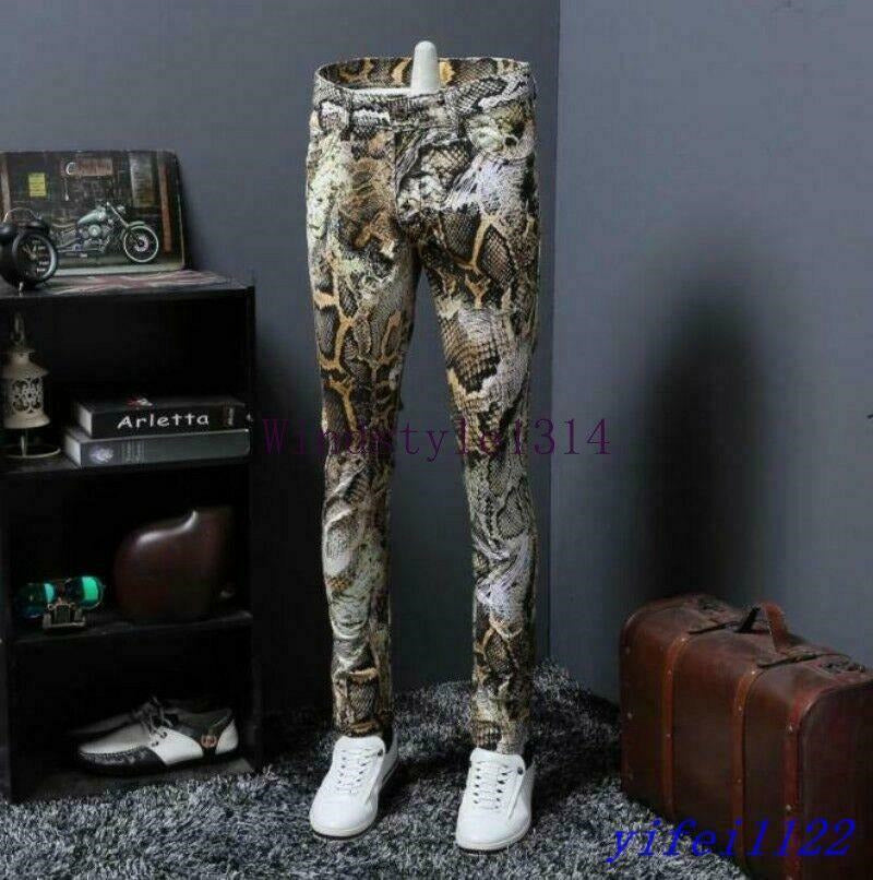 Europe Mens Slim Fit Pants Snake skin Print straight Trousers Night Clubwear New