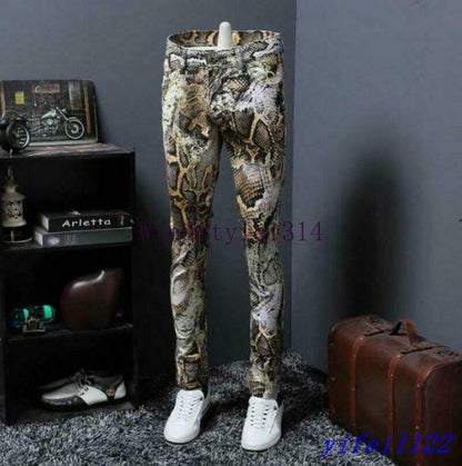 Europe Mens Slim Fit Pants Snake skin Print straight Trousers Night Clubwear New