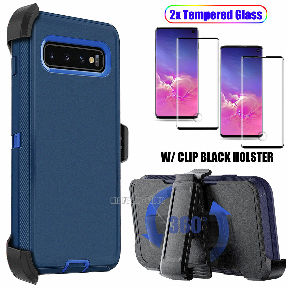 For Samsung Galaxy S10/+/S10e Case, Clip Holster Cover, Tempered Glass Protector