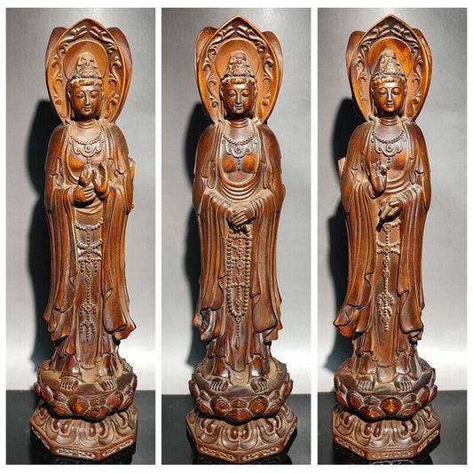 Beautiful Three sides Kwan-yin statue Wood Figure Guanyin vintage wood carving
