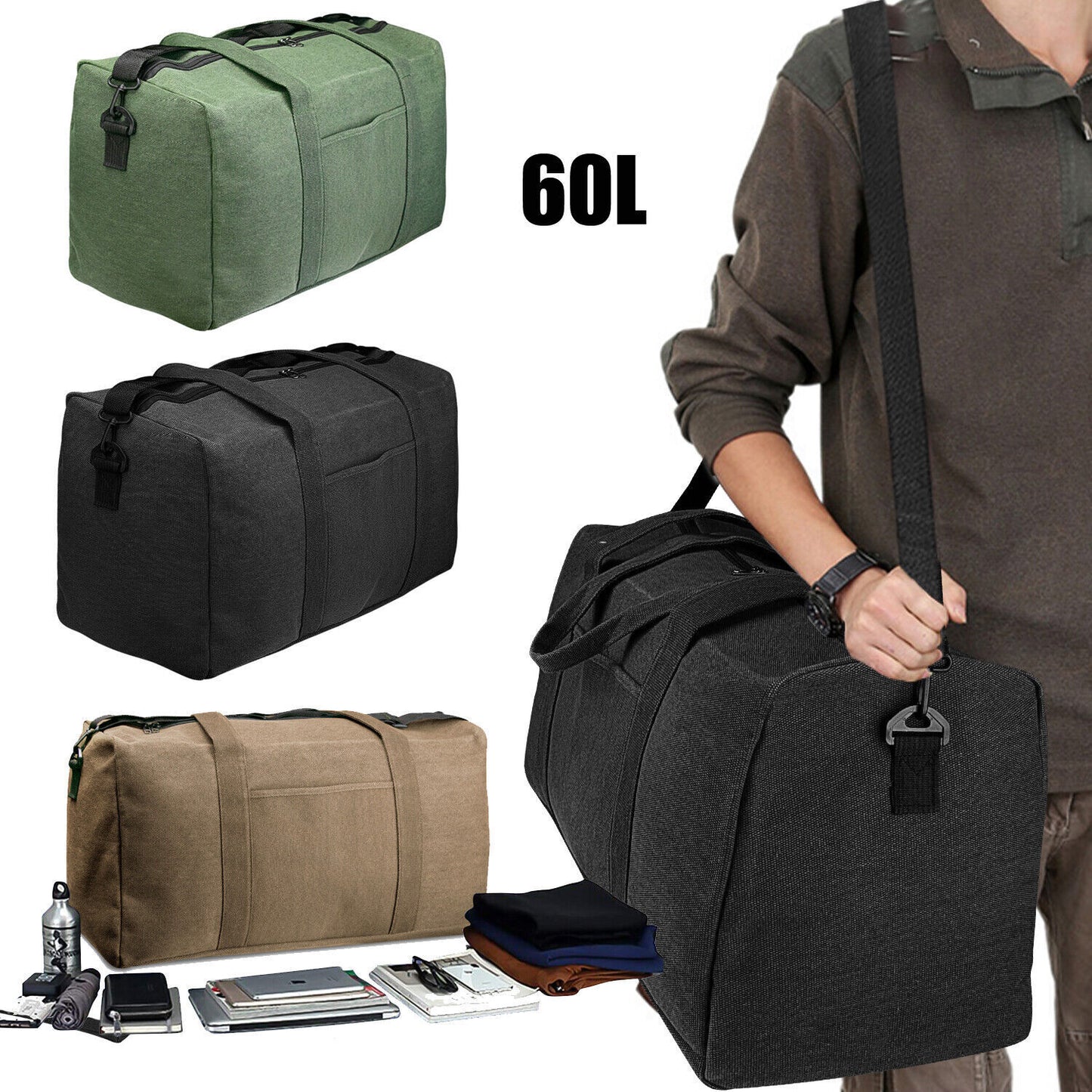 60 L Large Canvas Duffle Bag Travel Luggage Sports Gym Tote Waterproof Men Women