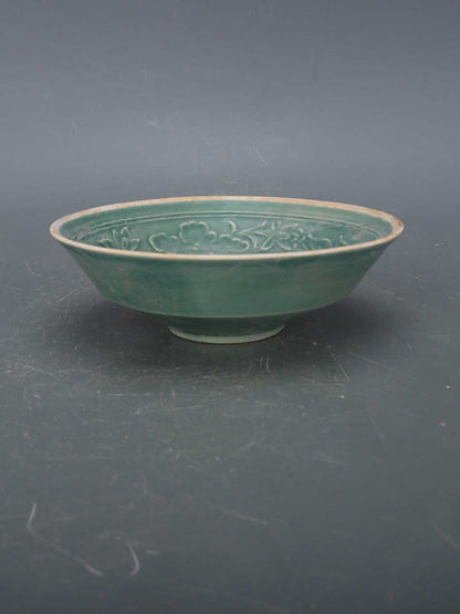 4.9" China Ding Kiln Porcelain Emerald Green Glaze Carve Mandarin Duck Bowl