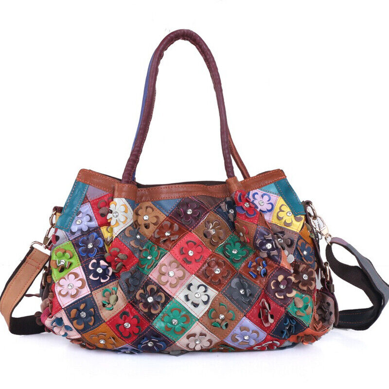 New Genuine Leather Colorful Floral Patchwork Handbag Women's Tote Shoulder Bags