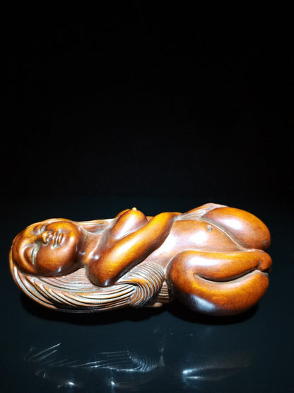 Rare old Boxwood Mermaid girl Wood Hand Carved Statue netsuke hand piece tea pet