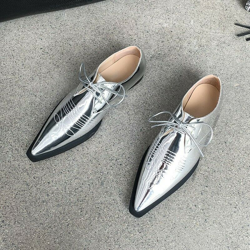 New Womens Brogues Pointy Toe Lace Up Flat Heel Casual Pumps Shoes Retro 34-40